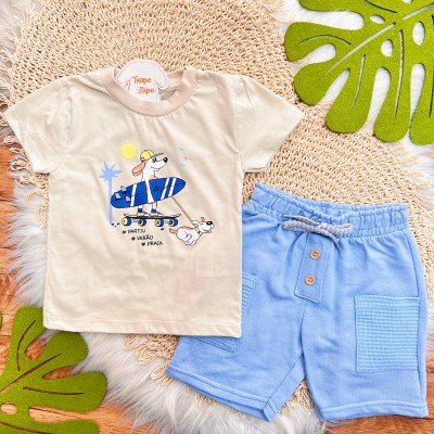 Conj. Camiseta #PartiuVerãoPraia e Bermuda - Areia e Azul